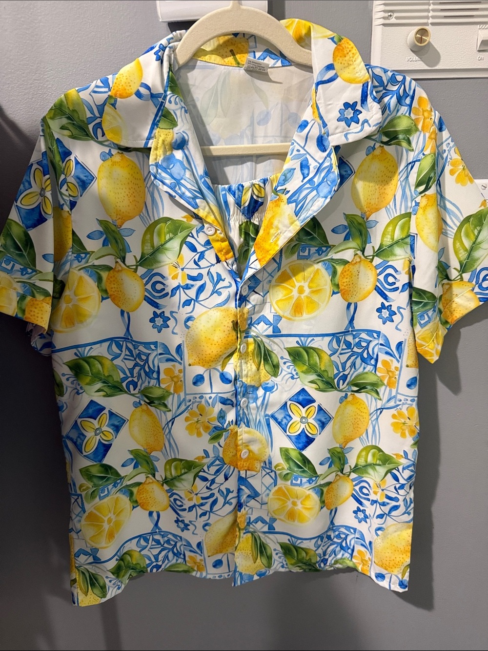 Women's Lemon-Print Button Front Shirt -and shorts set Yellow/Blue